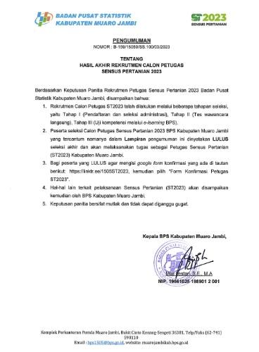 Pengumuman Akhir Seleksi Petugas ST2023